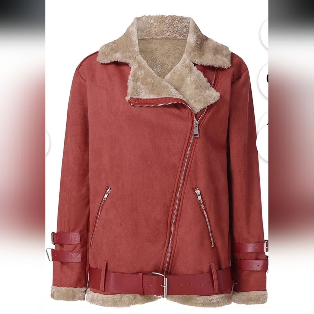 MISSLOOK Red Brick Faux Sherpa Biker Moto Jacket Size L